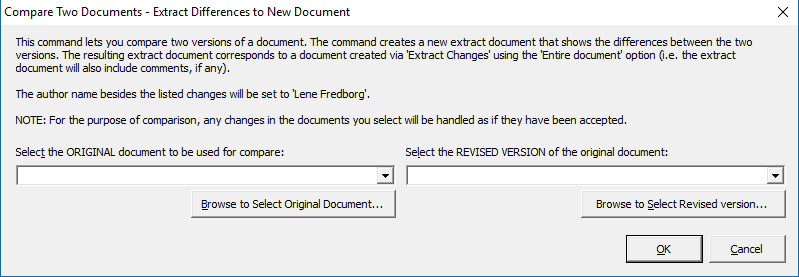 Extract tracked changes and comments from Word - the Compare Two Documents dialog box