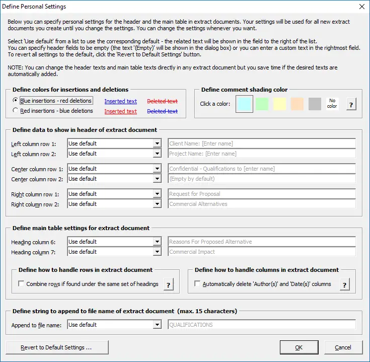 Extract tracked changes and comments from Word - Define Personal Settings dialog box