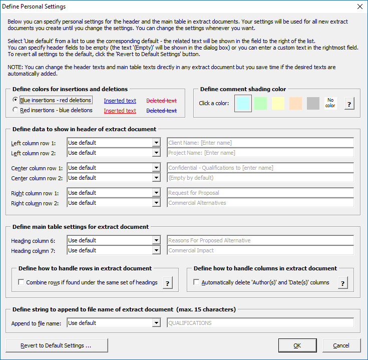 Extract tracked changes and comments from Word - Define Personal Settings dialog box