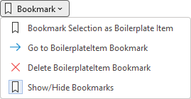 The Bookmark menu in the AddBoilerplate group in the DocTools tab