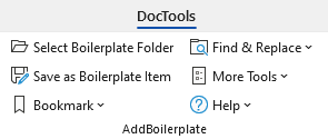 The AddBoilerplate group in the DocTools tab in the Ribbon