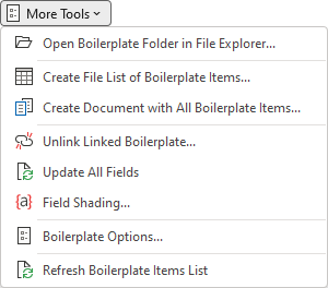 The More Tools menu in the AddBoilerplate group in the DocTools tab