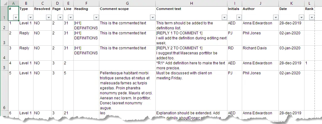 Example of extracted comments created using Extract Comments to Excel – the document includes both comments and metadata