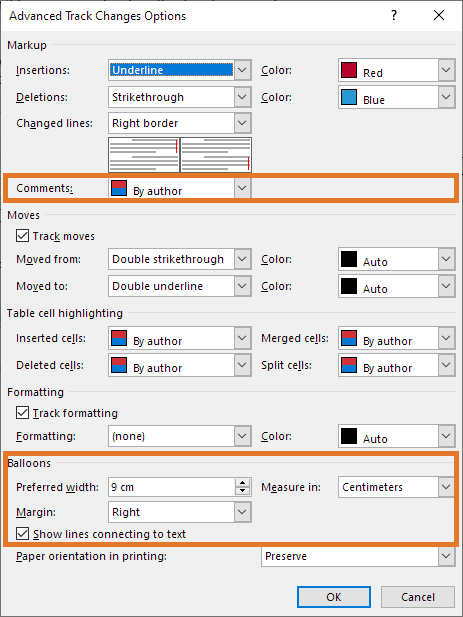 The Advanced Track Changes Options dialog box