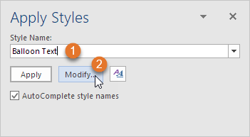 Use the Apply Styles window to start modification of the Balloon Text style