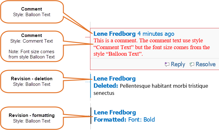 Balloon area with examples of comment and revisions