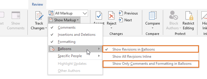 how to delete markup area in word office 365