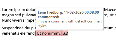 Example of comment shown as a screen tip when hovering the mouse over a comment reference in Word.