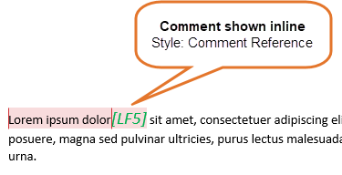 The style Comment Reference is used for the initials and comment number when comments and revisions are shown inline