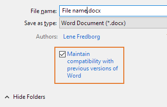 Bottom-left part of Save As dialog box - turn off Maintain compatibility with previous versions of Word to allow newer features to be used