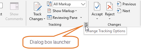 On the Review tab, click the dialog box launcher in the Tracking group