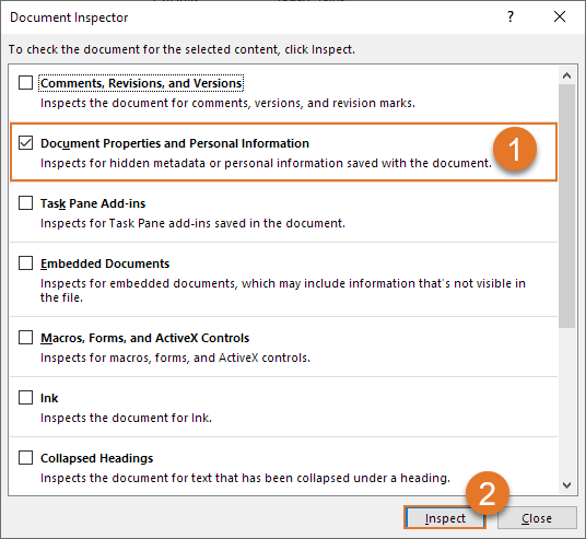 The Document Inspector dialog box