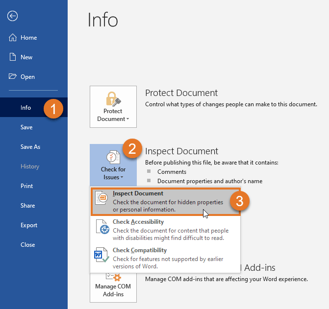 Select File > Info > Check for Issues > Inspect Document