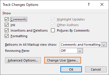 You can get access to the user name and initials settings via the Change User Name button in the Track Changes Options dialog box