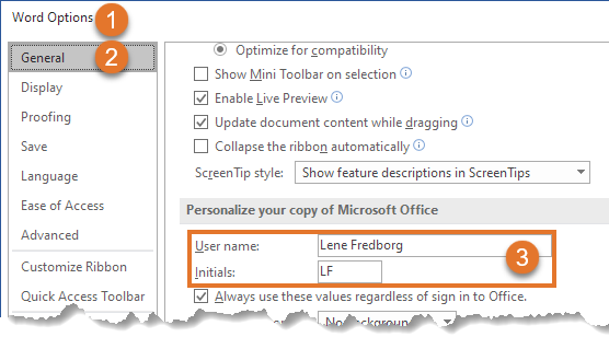 The User Name and Initial settings in Word Options > General