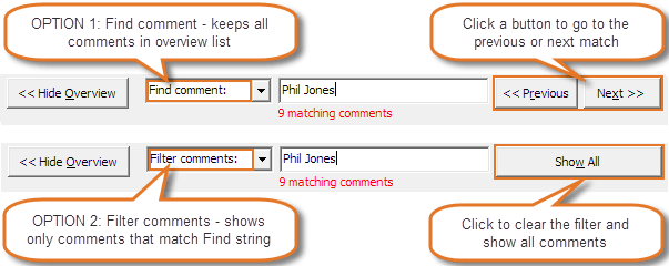 Two options for quickly finding specific comments: Find comment, Filter comments