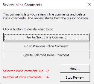The Review Inline Comments dialog box lets you review all inline comments