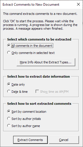 The Extract Comments to New Word Document dialog box lets you define how the extract is to be made