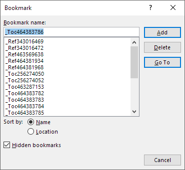 Cross reference in Word – The Bookmark dialog box showing bookmarks for cross-references and table of contents
