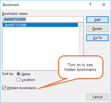 Cross reference in Word – Cross-reference fields in Word - Bookmark dialog box showing REF bookmark