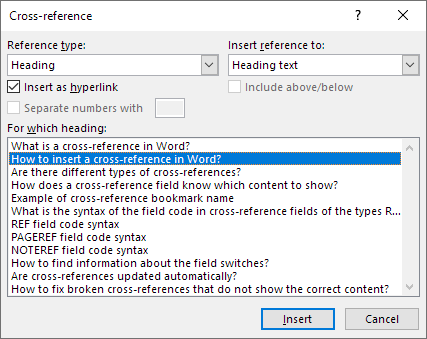 Cross reference in MS Word – The built-in Cross-reference dialog box 