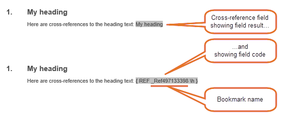 Cross reference in Word – Cross-reference field in Word showing field result and field code