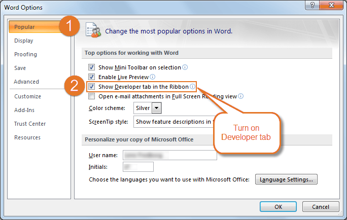 how to find developer tab in word 2016