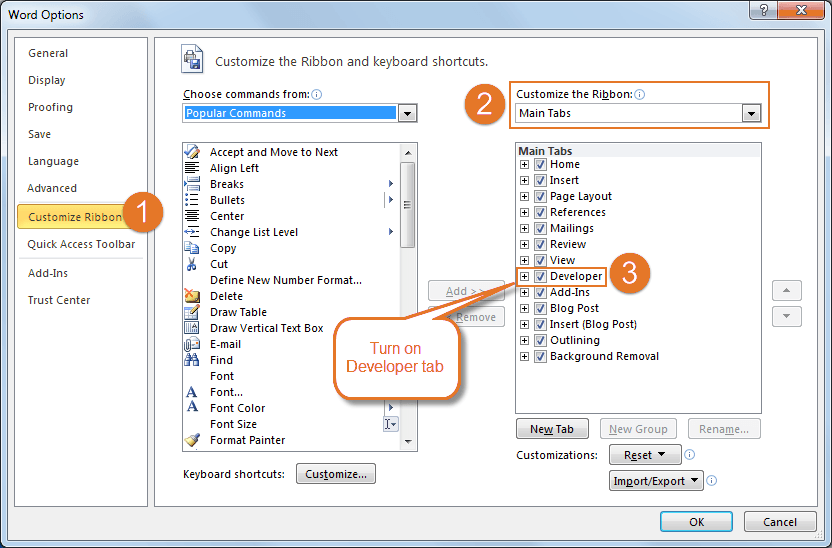 microsoft word 2010 add developer tab to ribbon