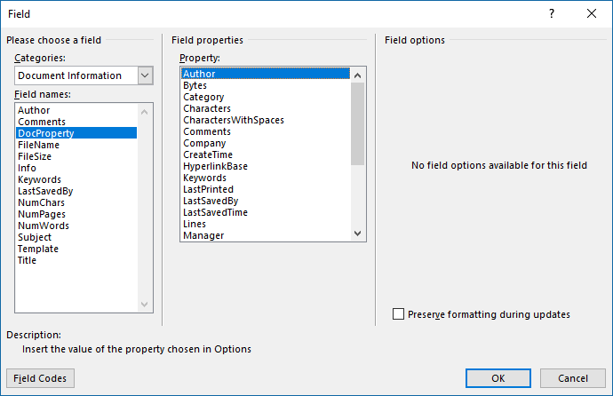 The Field dialog box ready for inserting a DocProperty field