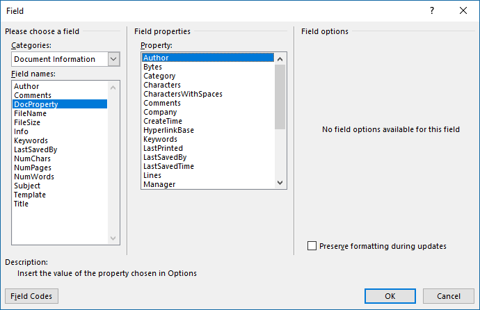 document properties word mac footer