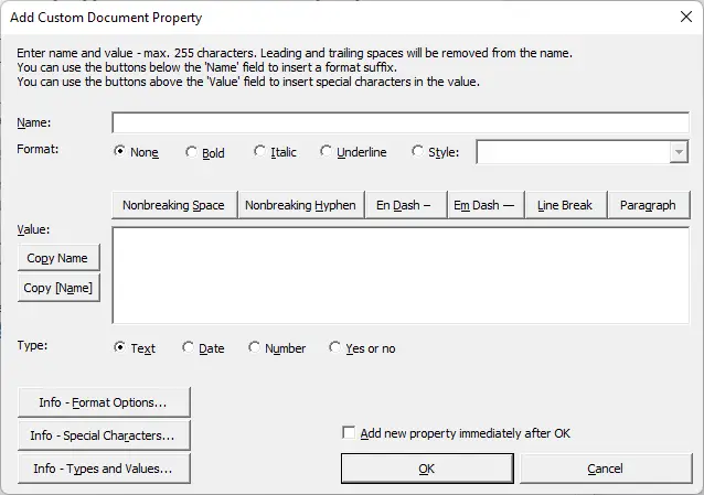 DocPropertyManager – Add/Modify Custom Document Property dialog box