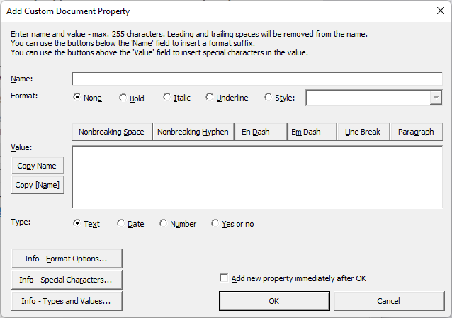 DocPropertyManager – Add/Modify Custom Document Property dialog box