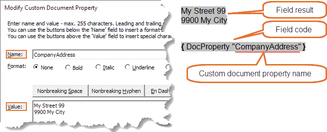 Example of custom document property and DocProperty field