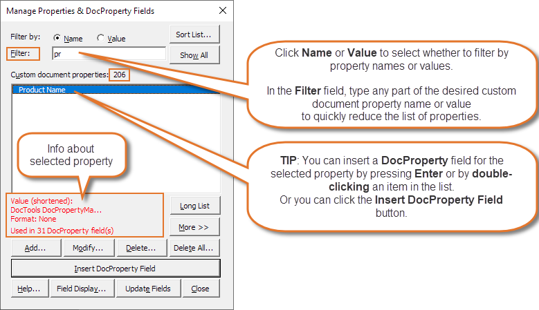 Filter to quickly find a specific custom document property