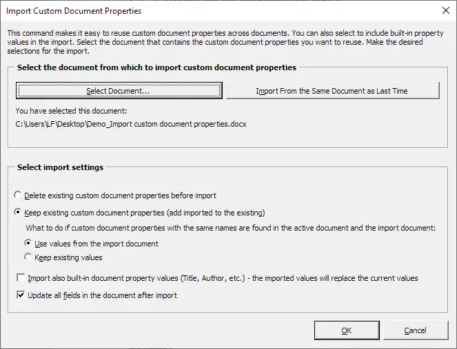 Import custom document properties