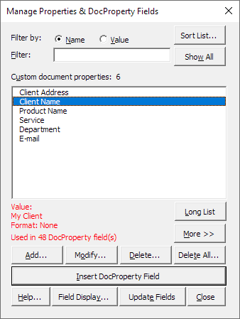 The Manage Properties & DocProperty Fields dialog box from where you can control most operations