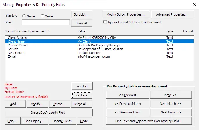 DocPropertyManager – Manage Properties & DocProperty Fields dialog box expanded