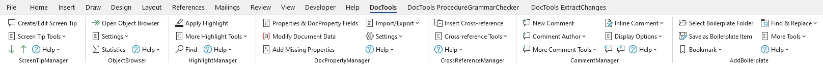 Productivity tools for Word – DocTools tabs in the Ribbon with tools from many Word add-ins