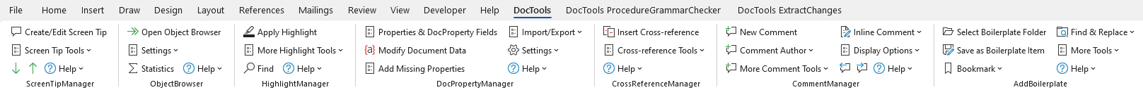 Productivity tools for Word – DocTools tabs in the Ribbon with tools from many Word add-ins