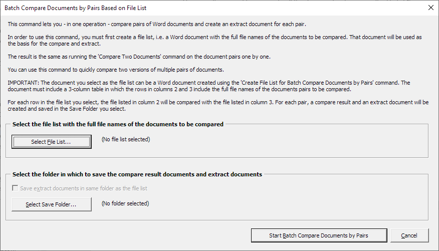 The Batch Compare Documents by Pairs Based on File List dialog box