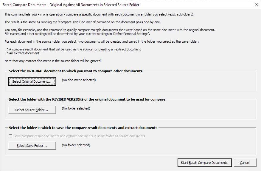 The Batch Compare Documents – Original Against All Documents in Selected Source Folder dialog box