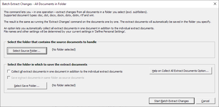 Extract tracked changes and comments from Word - the Batch Extract Changes dialog box