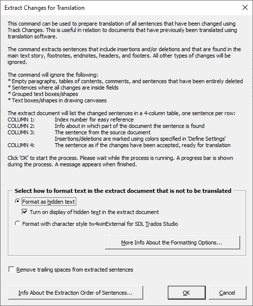 The Extract Changes for Translation dialog box