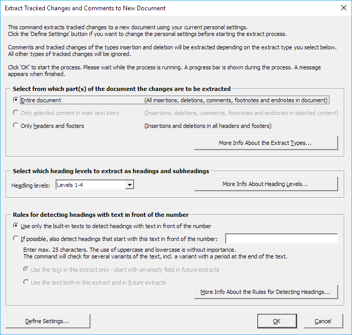 Extract tracked changes and comments from Word - dialog box