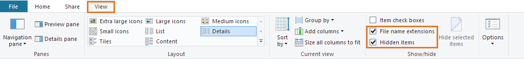 Windows 10 – show hidden files and folders and file name extensions via the View tab in the Ribbon