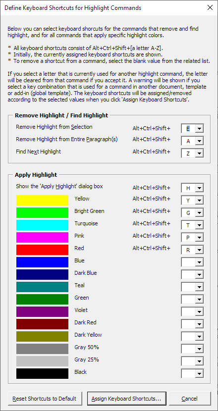 Shortcut to highlight in Word –efine Keyboard Shortcuts for Highlight Commands dialog box – Microsoft Word highlight shortcuts