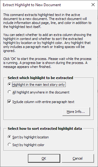 The Extract Highlight to New Document dialog box