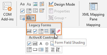 Form Field shading can be turned on and off via Developer tab > Controls group > Legacy Tools
