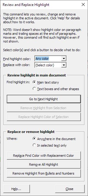 Replace highlight color – The Review and Replace Highlight dialog box