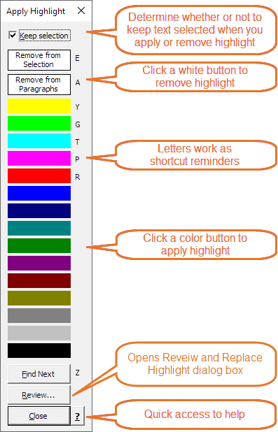 Word highlight shortcuts – Apply Highlight dialog box  - shows highlight shortcuts